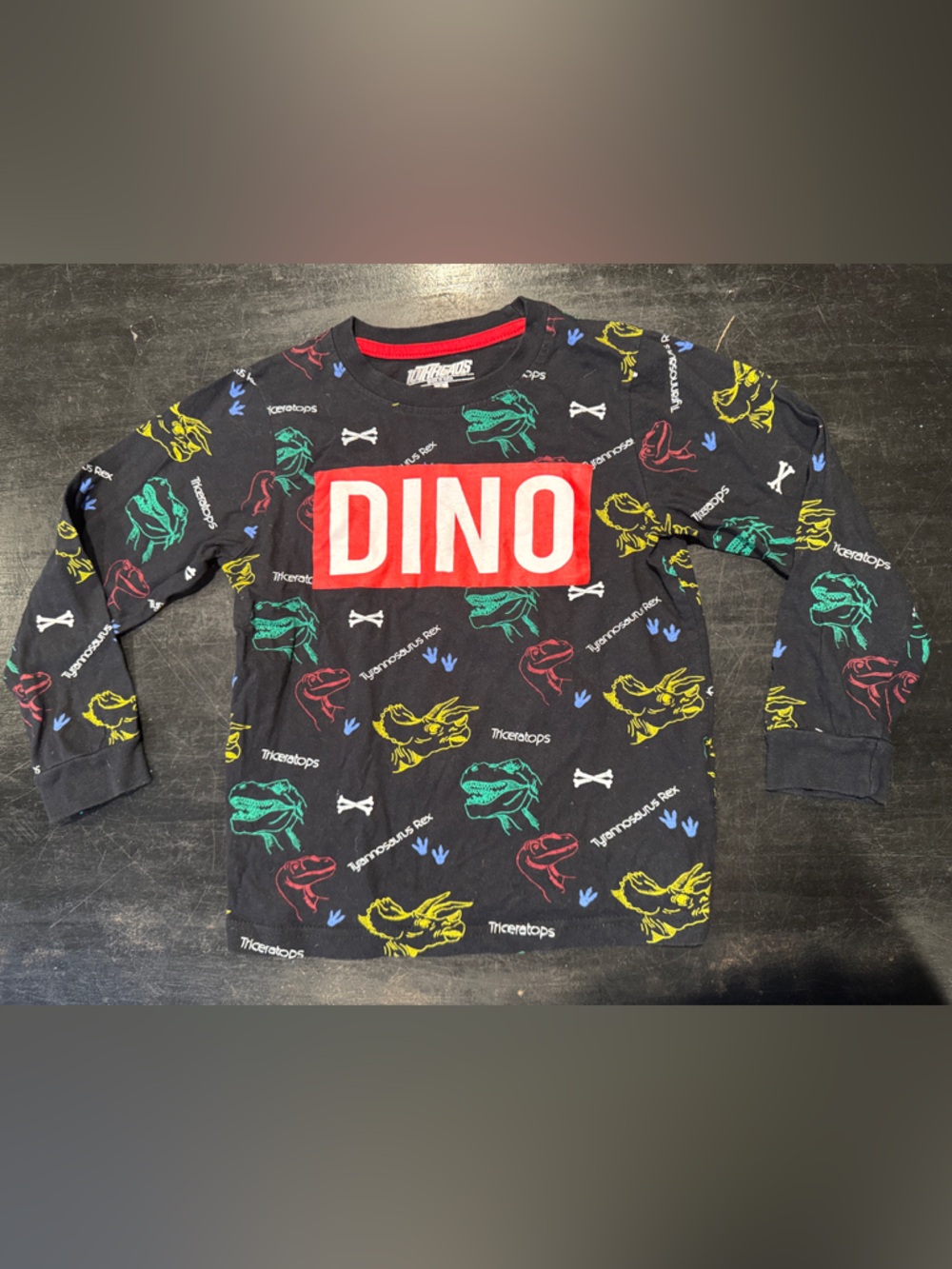 4/$15 DINO Black Kids' Long-Sleeve Tee with Colorful Dinosaurs